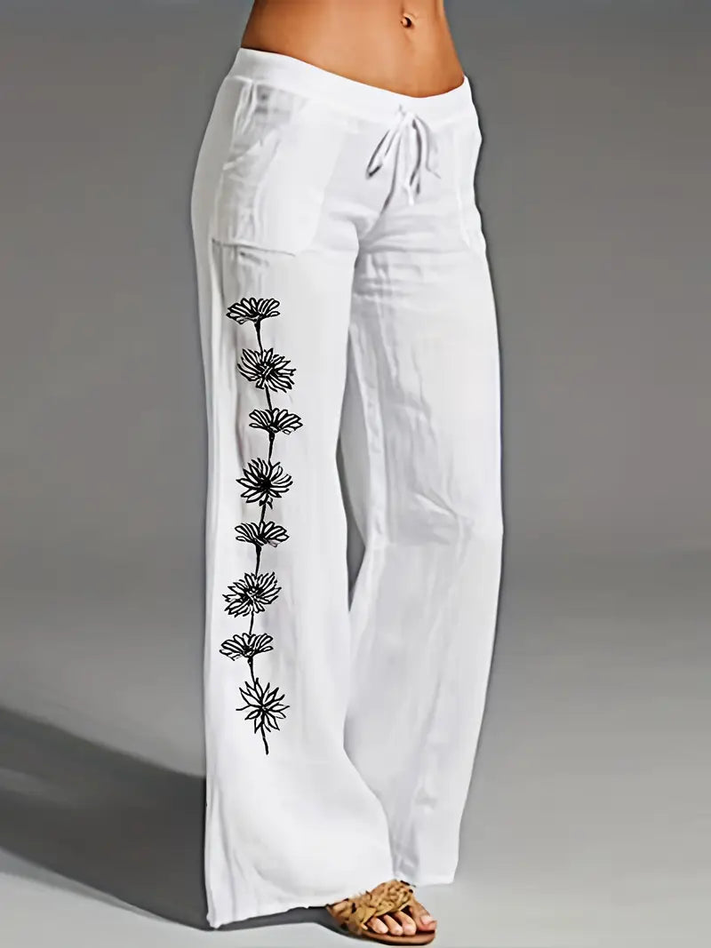 Women'S Elegant Linen Wide-Leg Pants with Floral Pattern