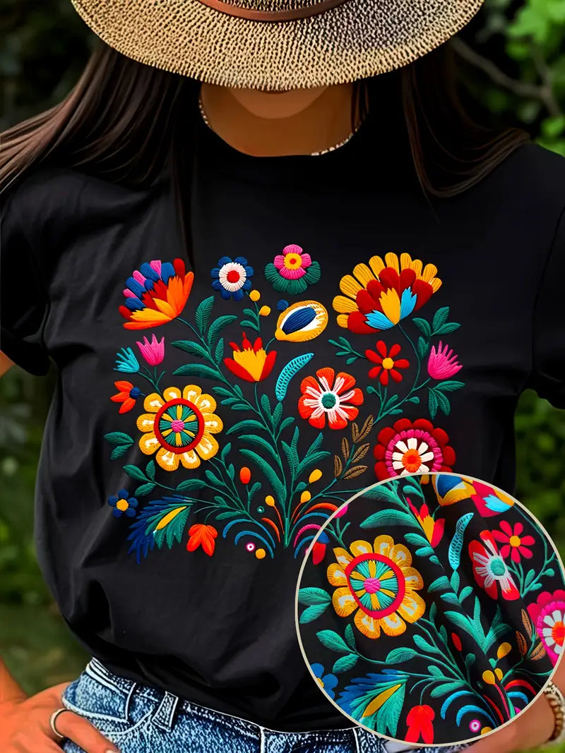 Women's Casual Short Sleeve T-Shirt with Blue Forget-Me-Not Floral Print,