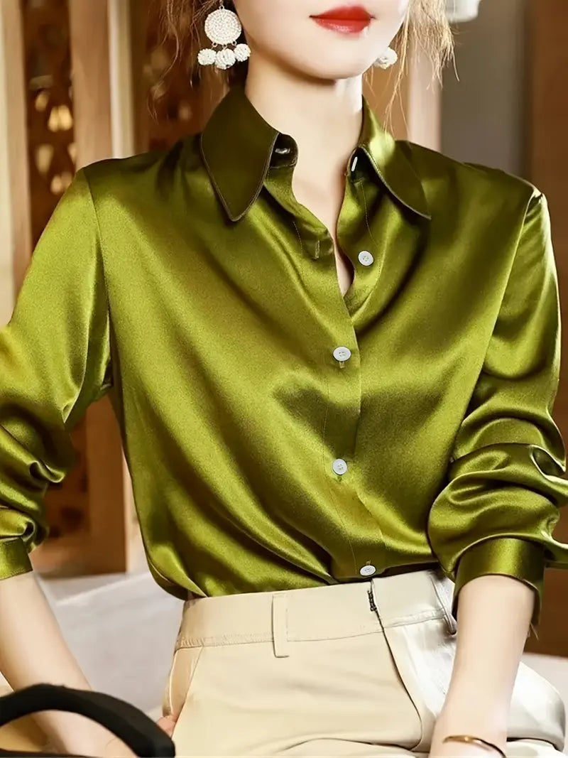 Elegant Solid Color Satin Blouse with Lapel Collar, Polyester Spandex Blend, Machine Washable