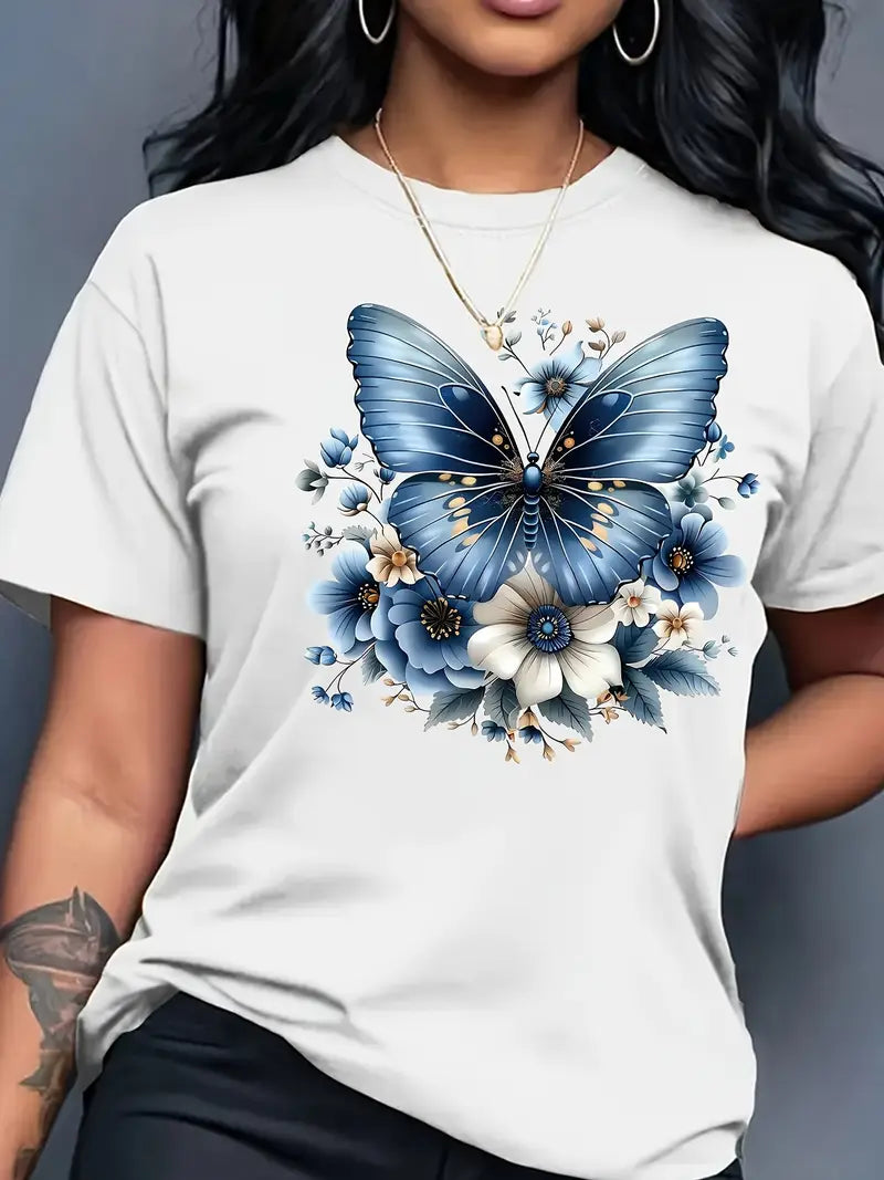 Vibrant Pink Butterfly & Floral Print Women T-Shirt