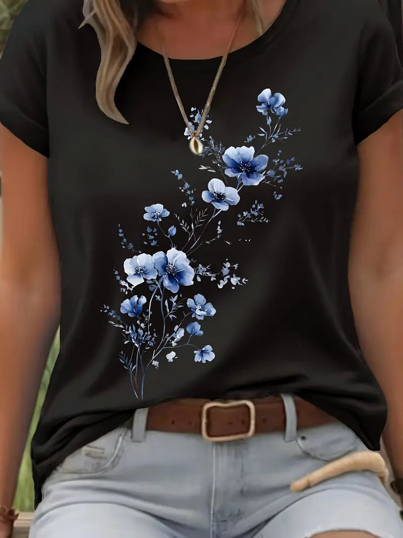 Women'S Stretchy Casual T-Shirt with Cherry Blossom & Birds Design