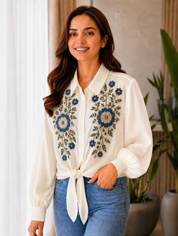 Women’s Floral Embroidered Tie-Front Shirt – Cream Off- White Color