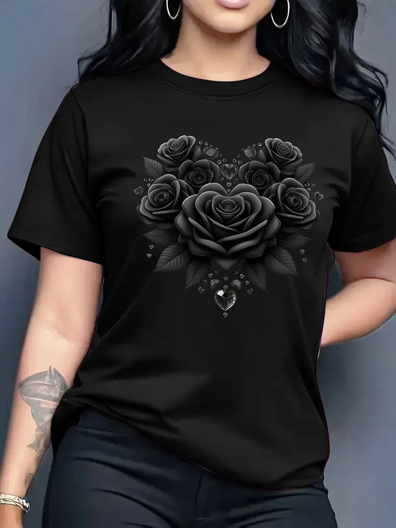 Women'S Casual Floral Heart Print Crew Neck T-Shirt,
