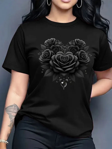 Women'S Casual Floral Heart Print Crew Neck T-Shirt,