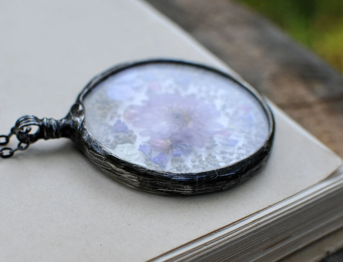 Purple, Flower, Terrarium Jewelry, Botanical Necklace, Meadow Pendant, Pressed Flower