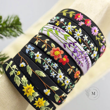 Floral Embroidered Headband, Linen Turban, Spring Summer Hair Accessories