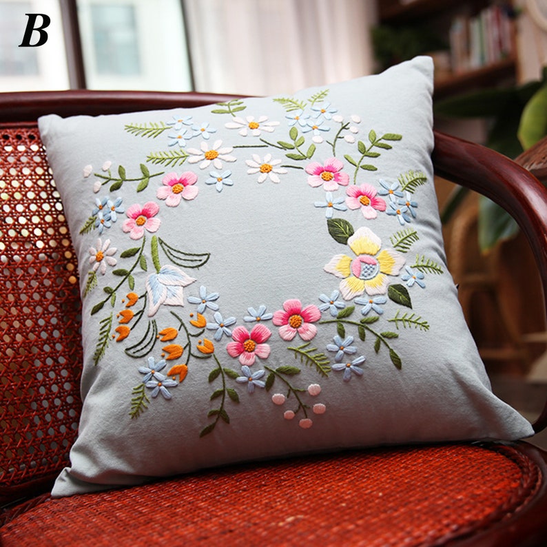 Embroidered Pillow Cover Handmade Kit Canvas Cotton Cushion
