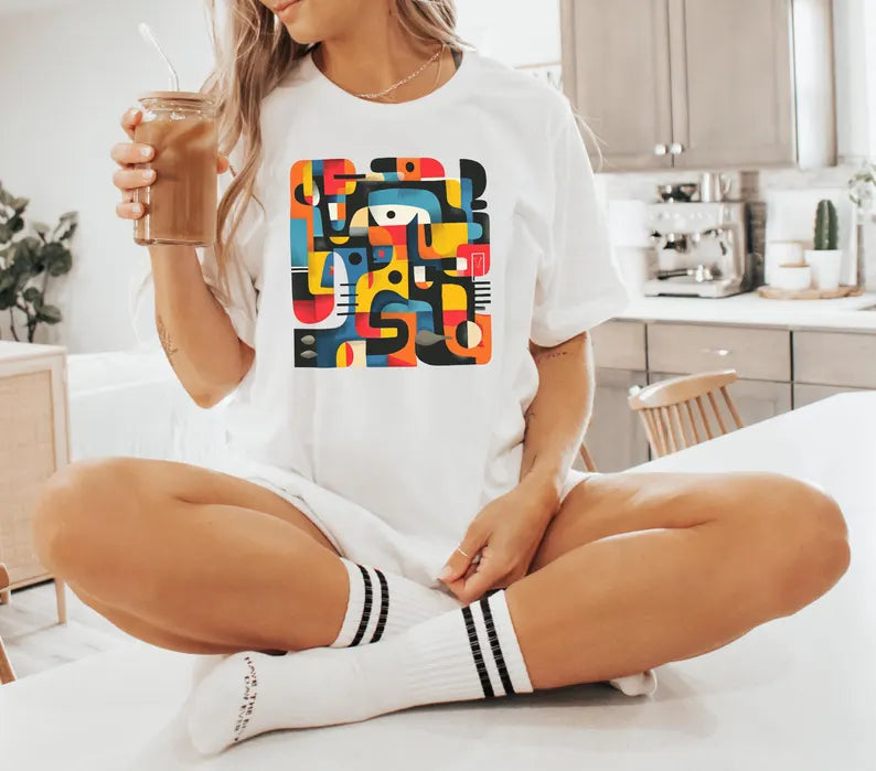 Abstract Faces T-Shirt - Colorful Geometric Art Design Tee