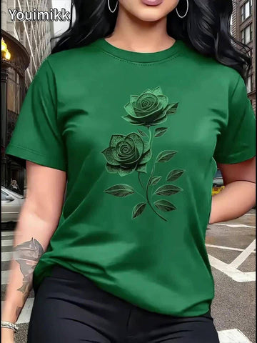 Women'S Casual T-Shirt | Unique Rose Pattern Print