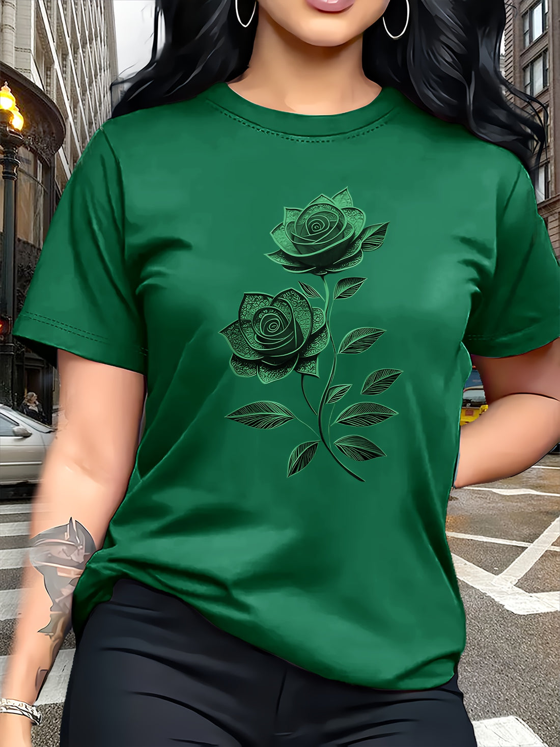 Women'S Casual T-Shirt | Unique Rose Pattern Print